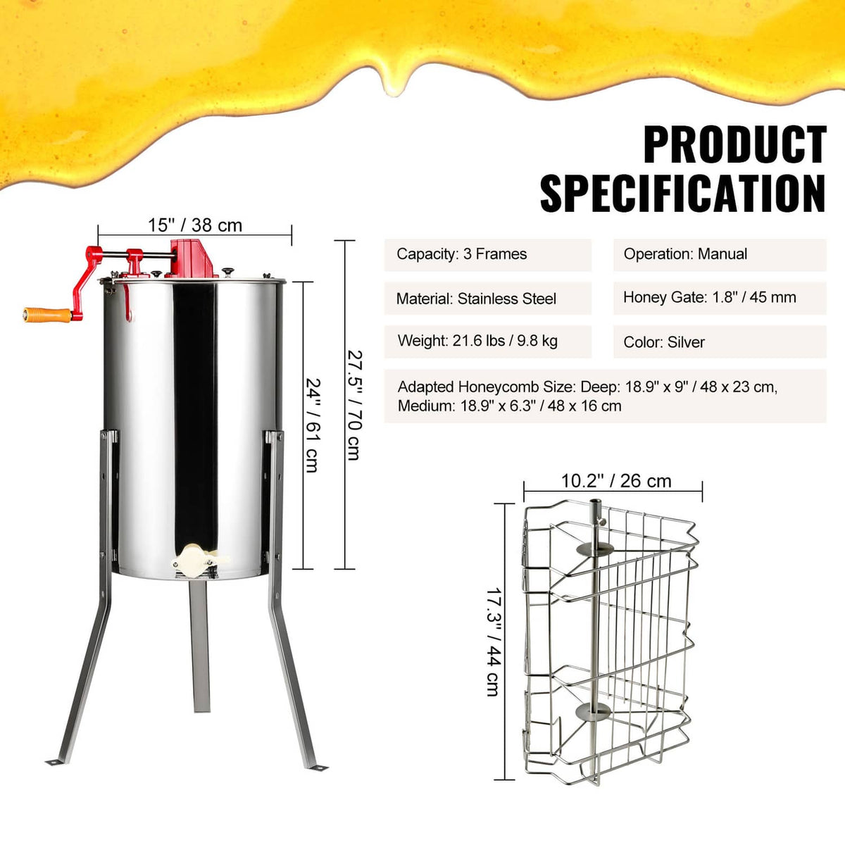 Stainless steel manual honey extractor with 3-frame wire holder and capacity details