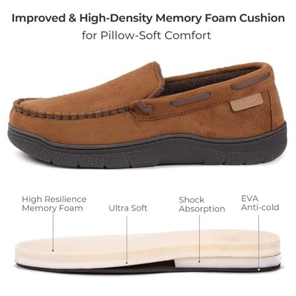 Camel suede moccasin slipper with dark sole and slip-on strap across the instep.