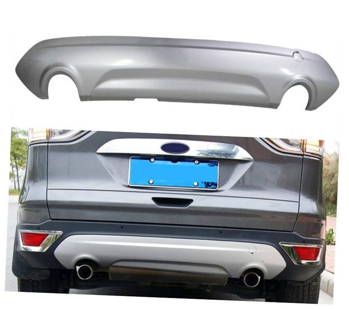 Silver rear lower bumper cover with dual exhaust openings and round trim edges