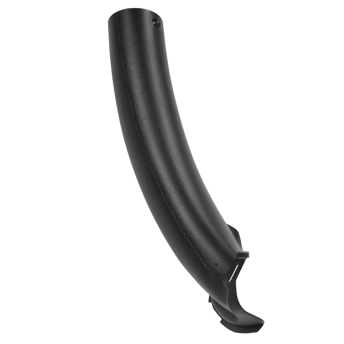 Black curved chute with outlet opening and underside support bracket detail