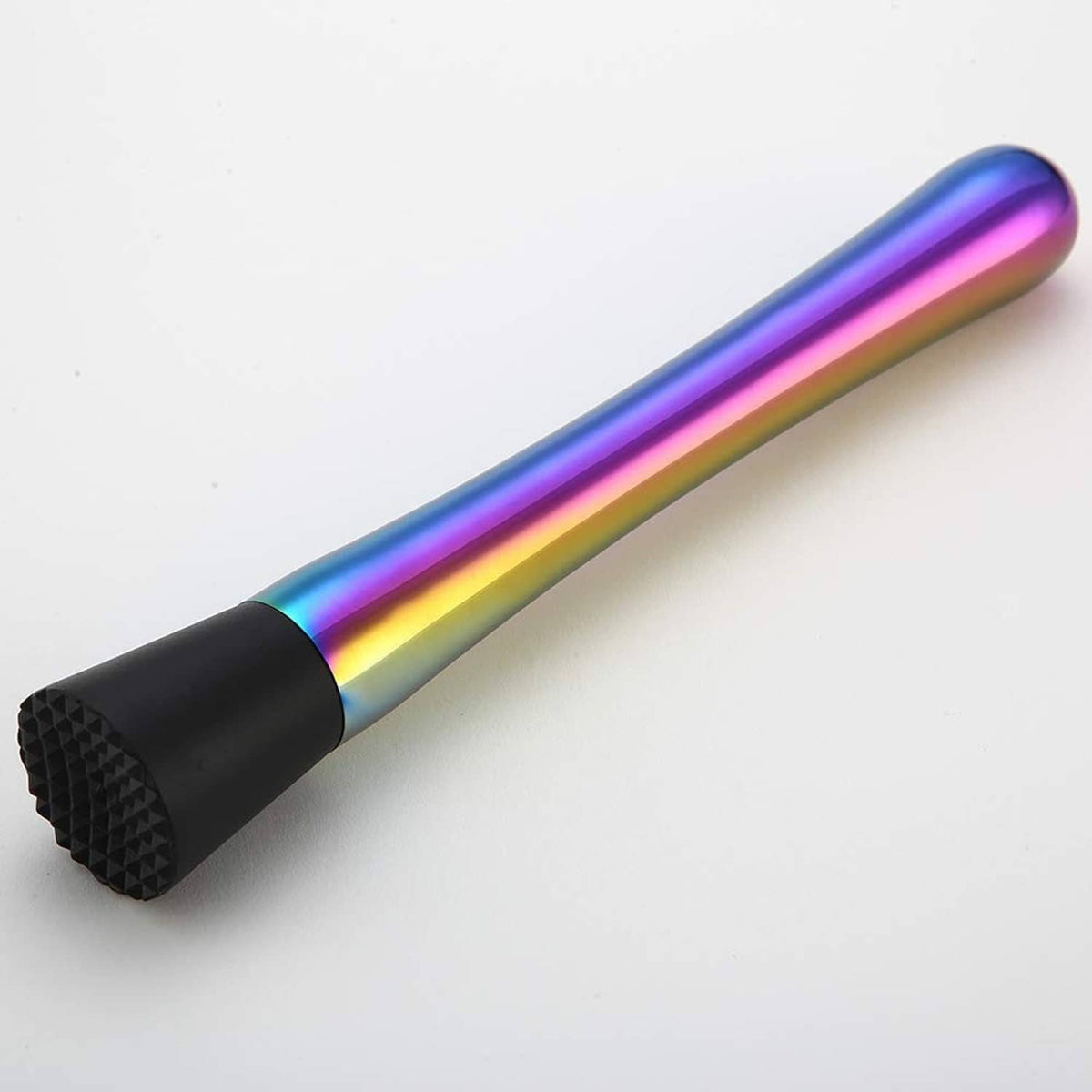 Iridescent stainless steel cocktail muddler with black textured rubber end