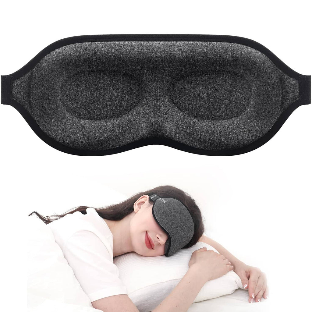 Dark gray contoured sleep mask with black trim, soft fabric eye cover
