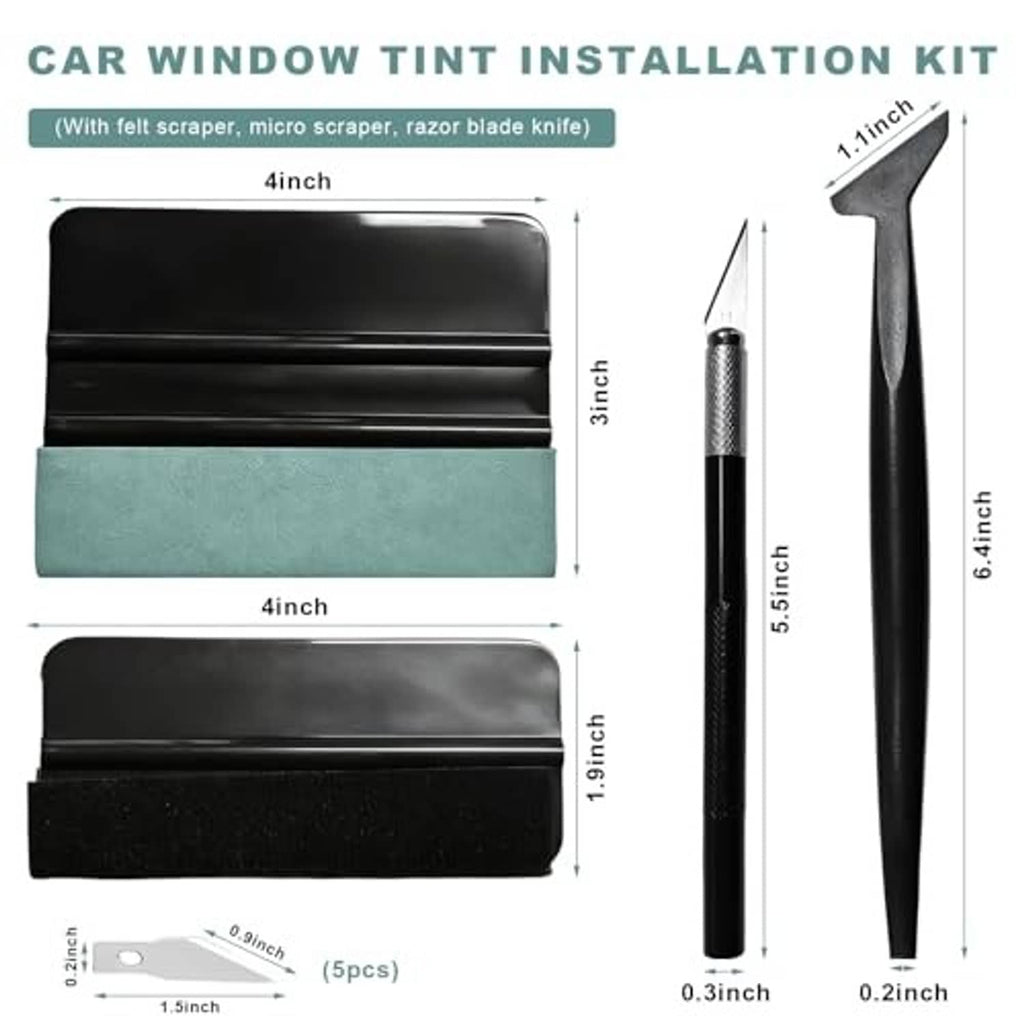 Car window tint installation kit tools with measured squeegee, scraper, and blades