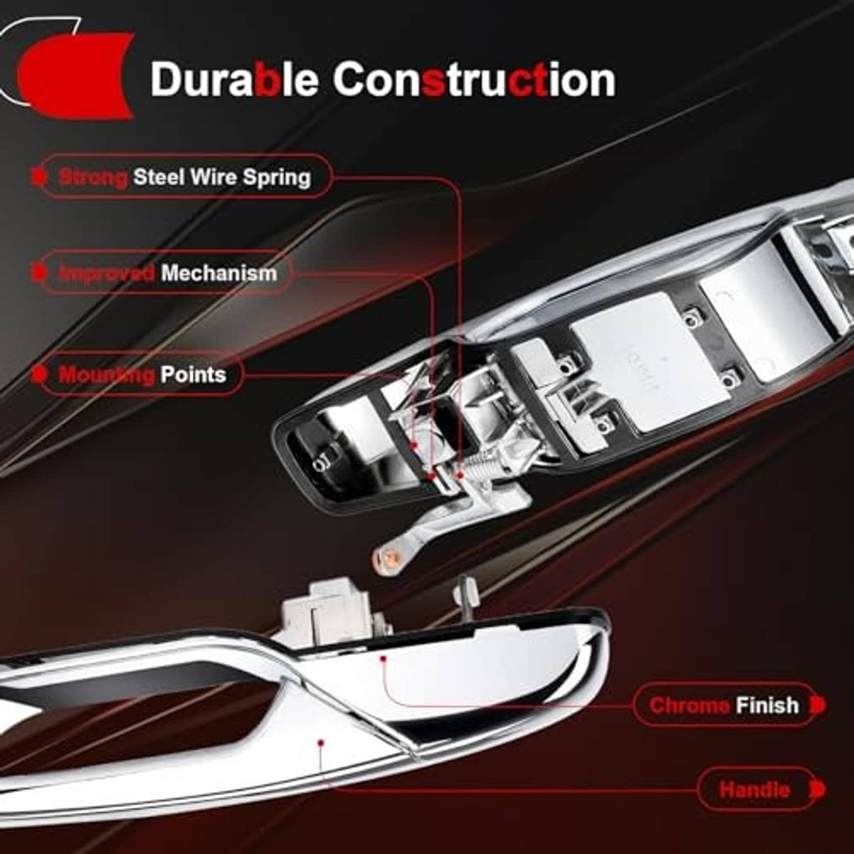 Chrome door handle mechanism with mounting points and spring-style interior parts