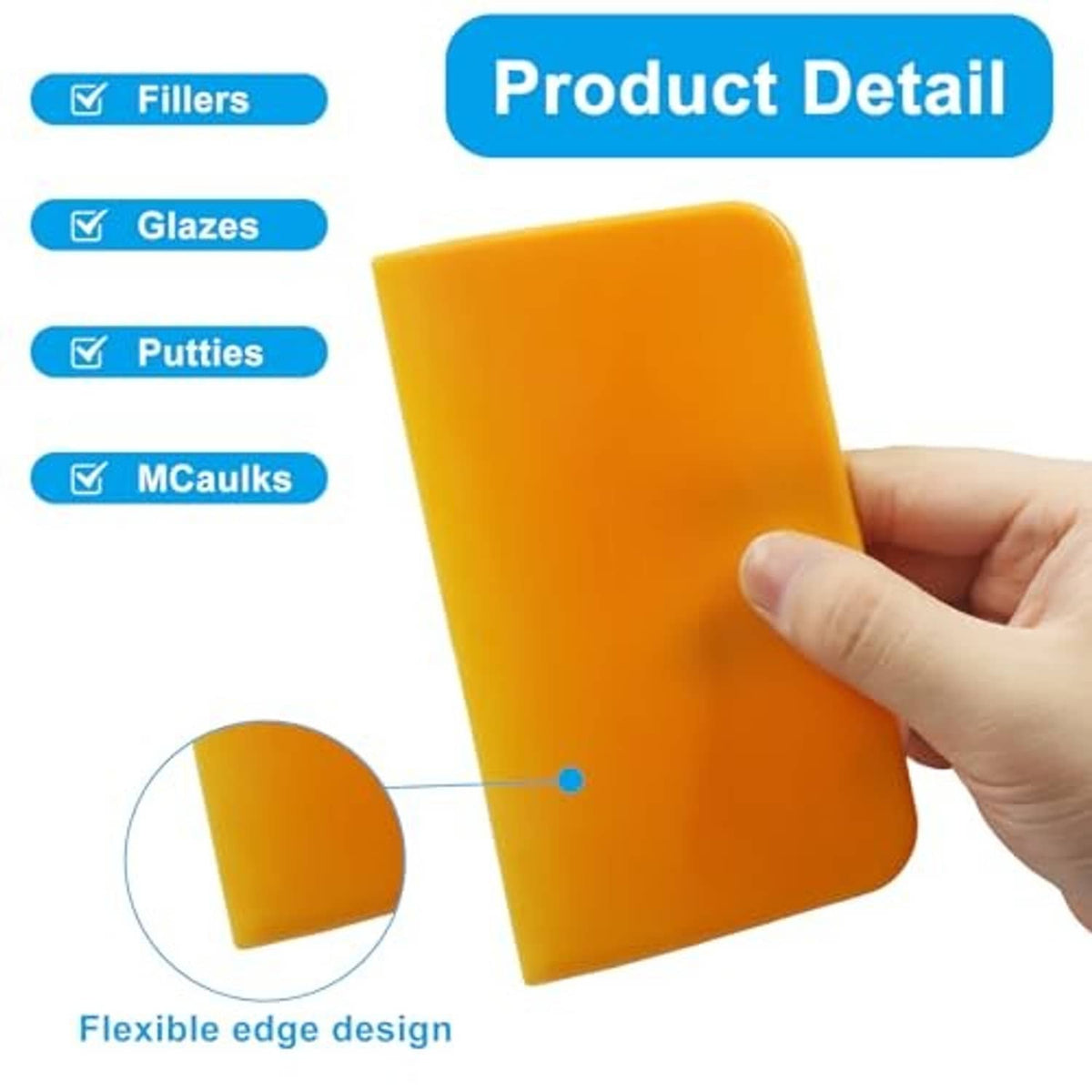 Orange plastic filler spreader with flexible edge, held by hand; one center hole