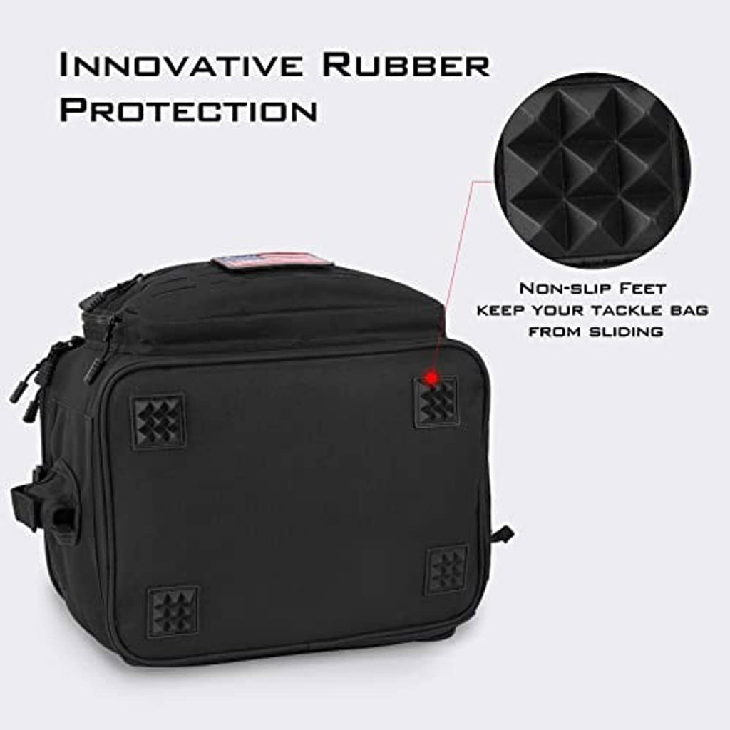 Black tackle bag with textured non-slip feet and zippered front panel, compact rectangular design.