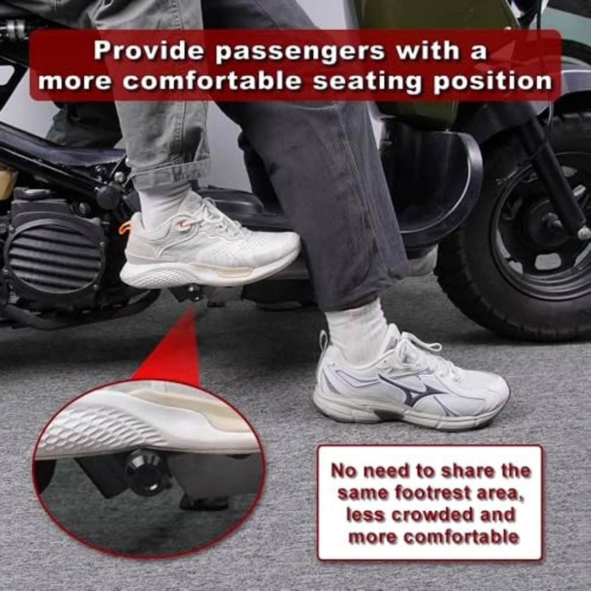 Passenger footrest installed under scooter with knurled peg for comfortable seating