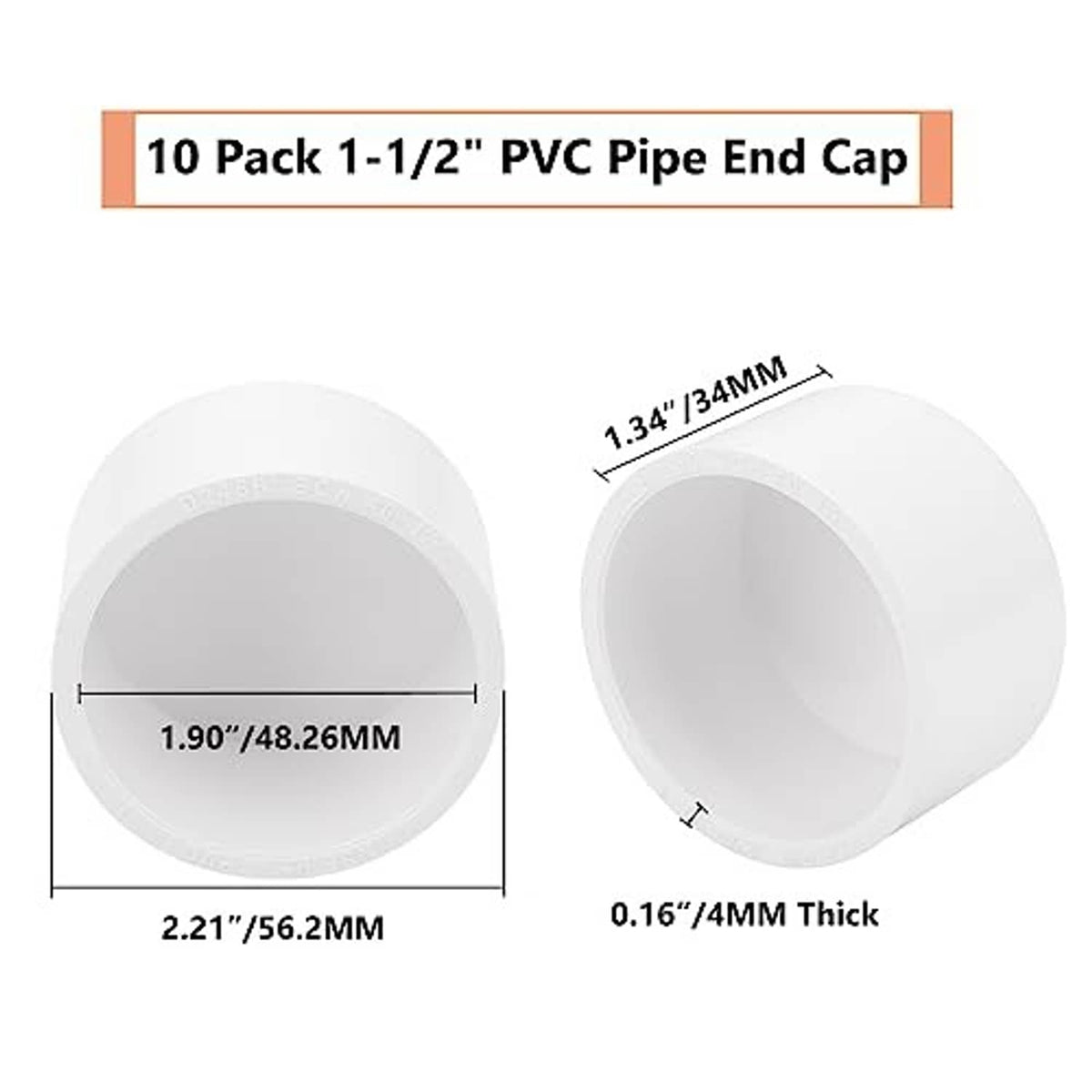 White 1-1/2 in PVC pipe end cap with round hollow interior and visible size notes