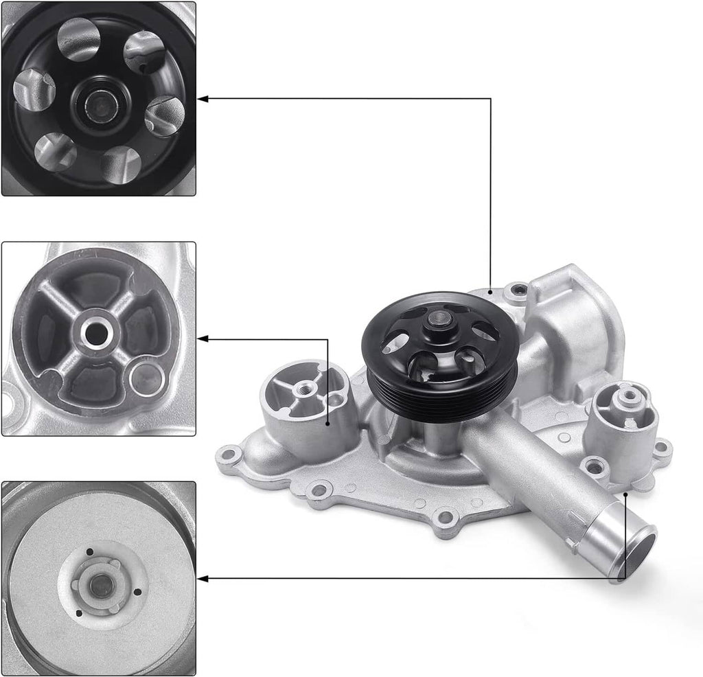 Car water pump diagram showing pulley, impeller, and housing details with arrows