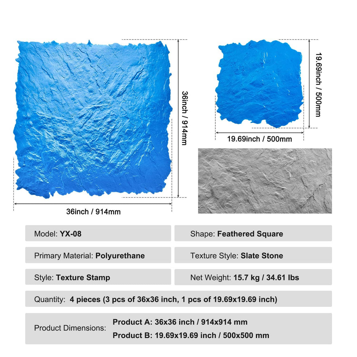 Blue slate-texture concrete stamping mat set, square panels with size markings