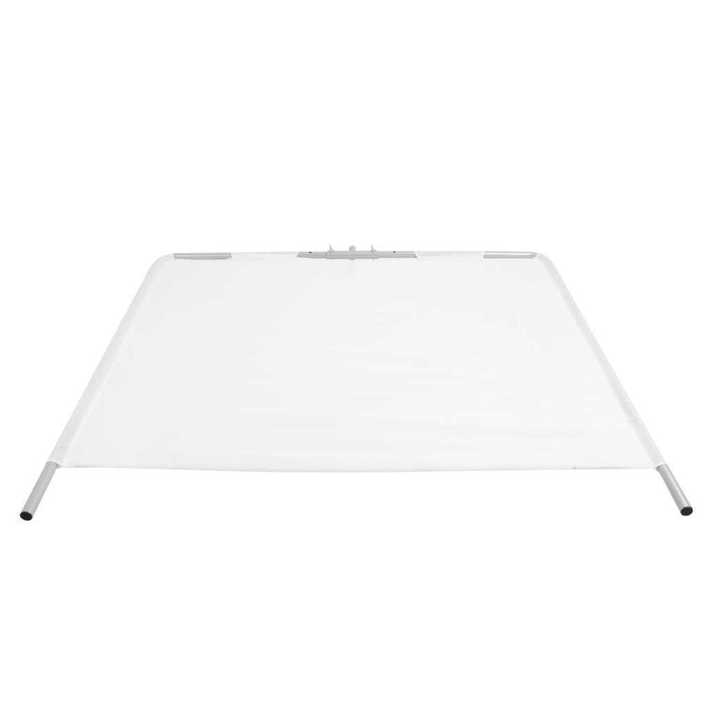 White boat sun shade canopy with angled silver legs and mesh cover