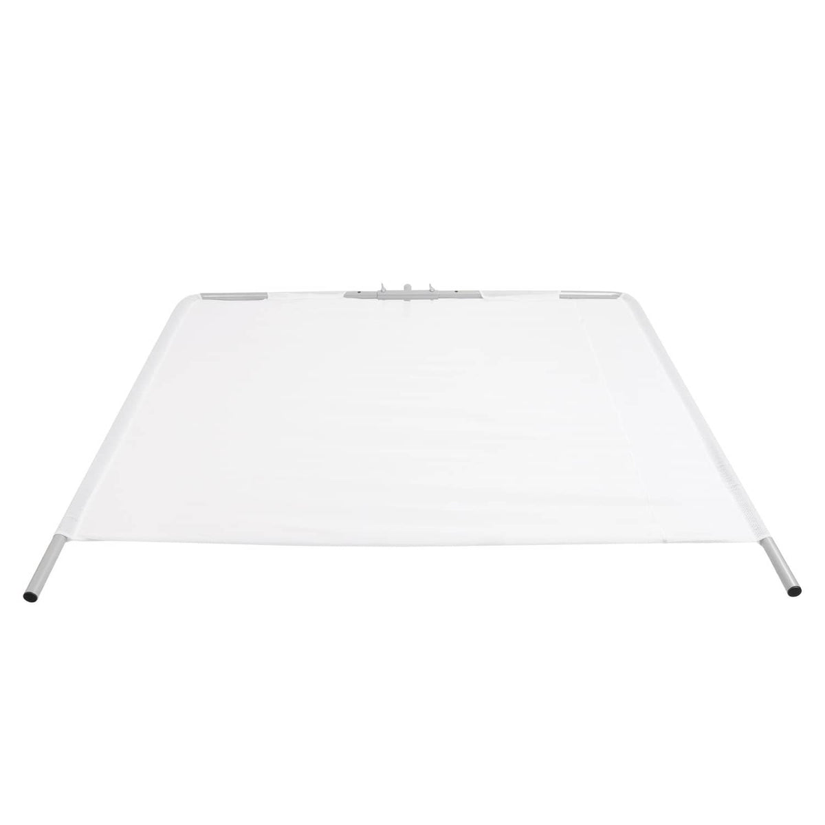 White boat sun shade canopy with angled silver legs and mesh cover