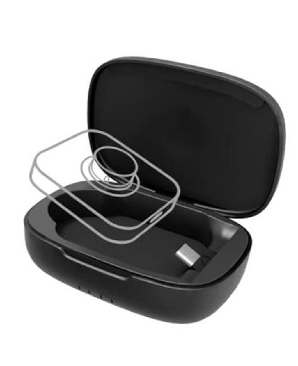 Black charging case with open lid, ring cradle, and USB-C cable port