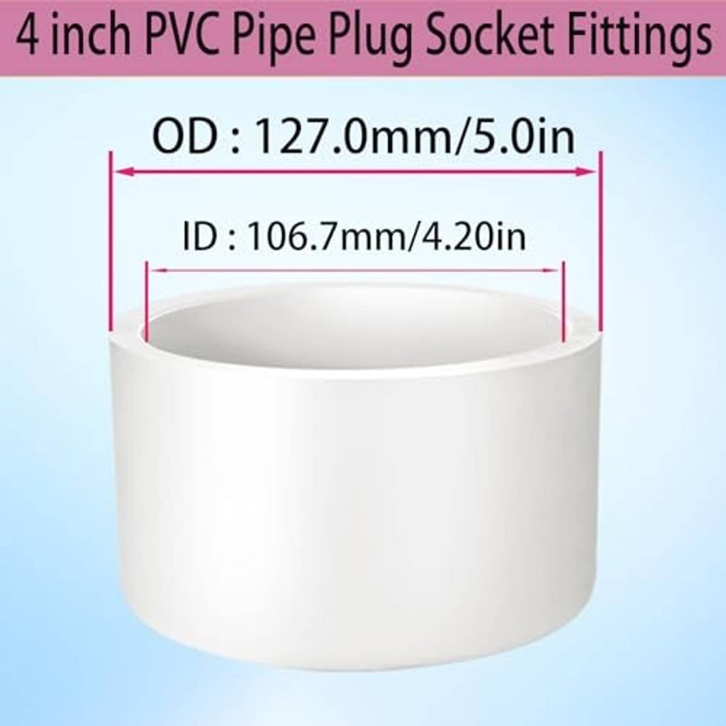 White PVC pipe plug socket fitting with size measurement guide on open end
