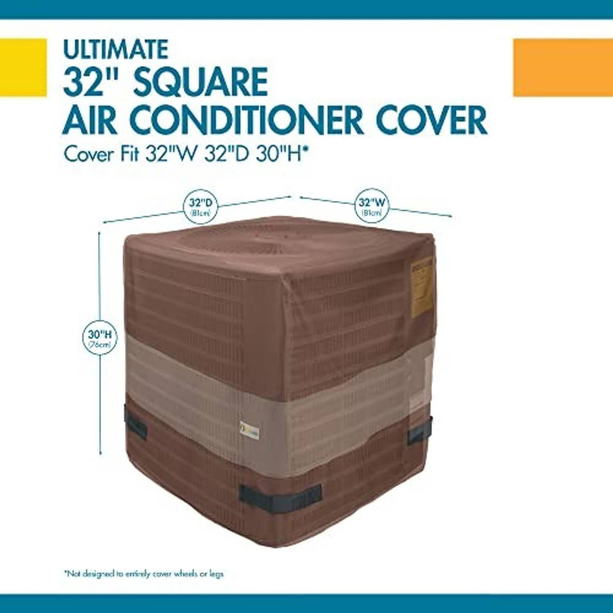 Square AC cover shown with dimensions, brown and beige fabric with strap handles