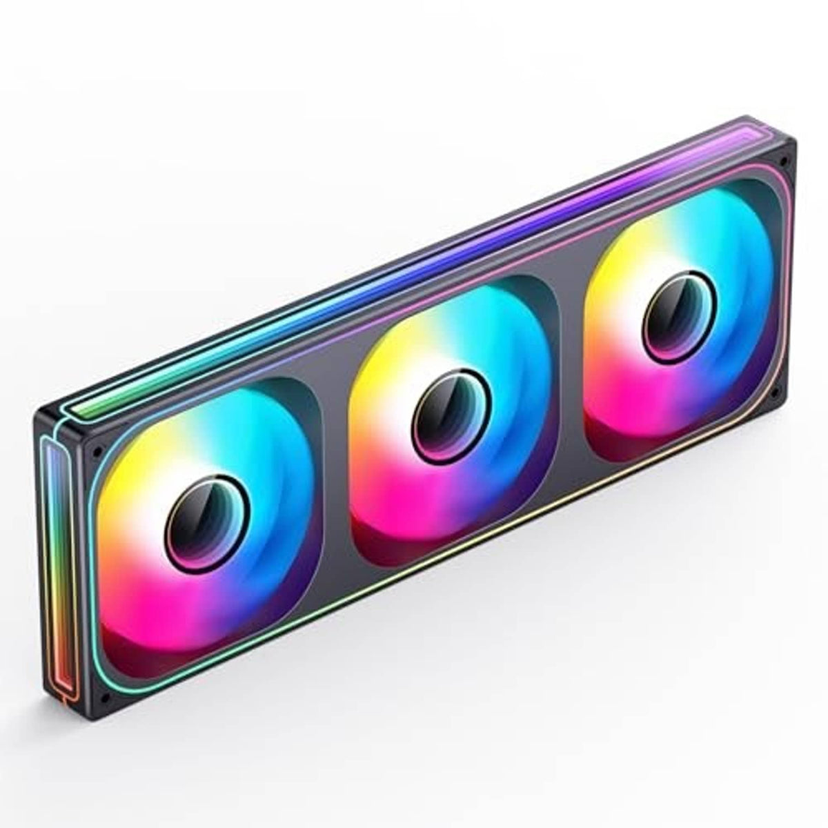 360mm triple RGB PC case fan in black frame with side-lit mirror edge