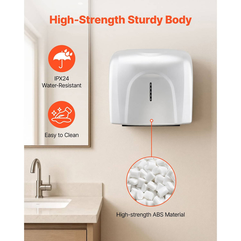 Automatic hand dryer with white ABS body and inset showing filter material