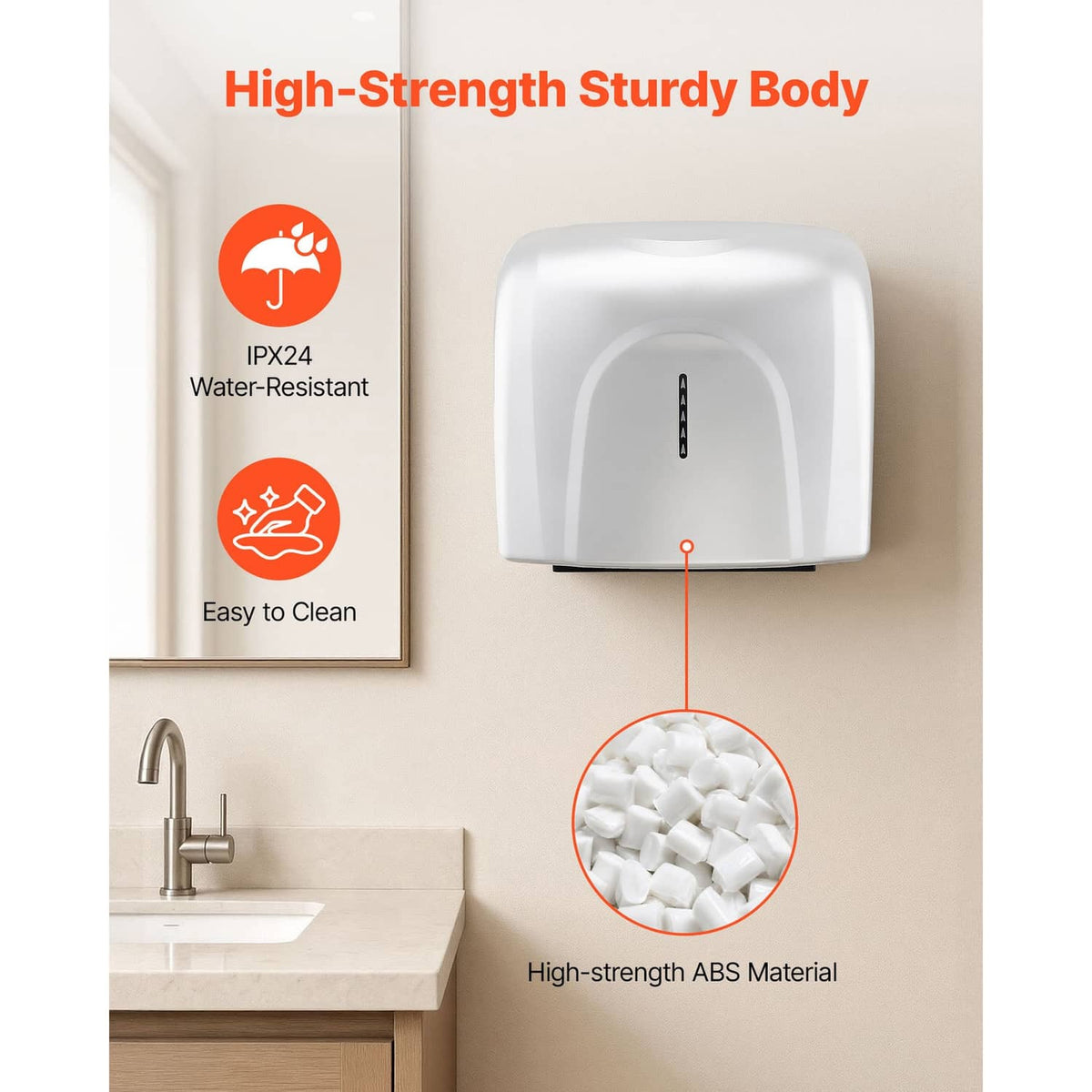 Automatic hand dryer with white ABS body and inset showing filter material