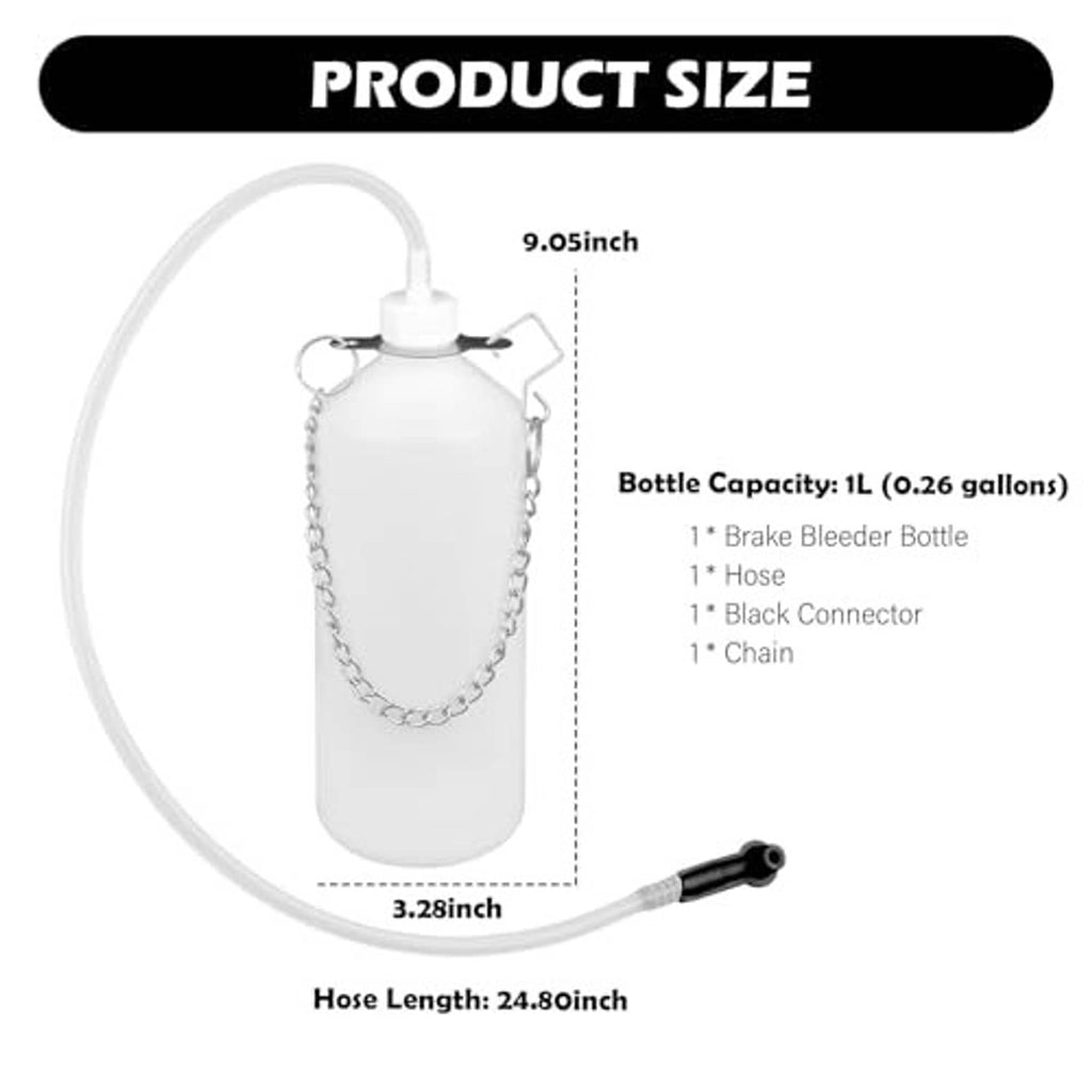 Brake bleeder bottle kit with hanging reservoir and long clear hose ending in black connector