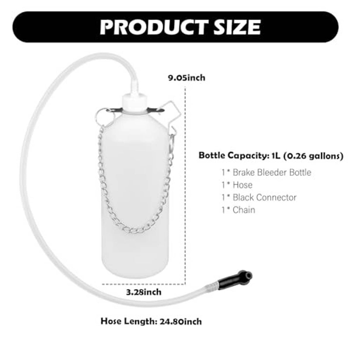 Brake bleeder bottle kit with hanging reservoir and long clear hose ending in black connector