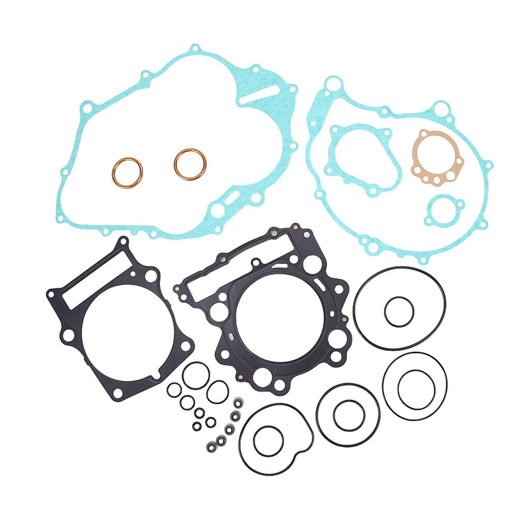 Engine gasket kit with blue gasket sheets, black gasket plates, and metal seal rings