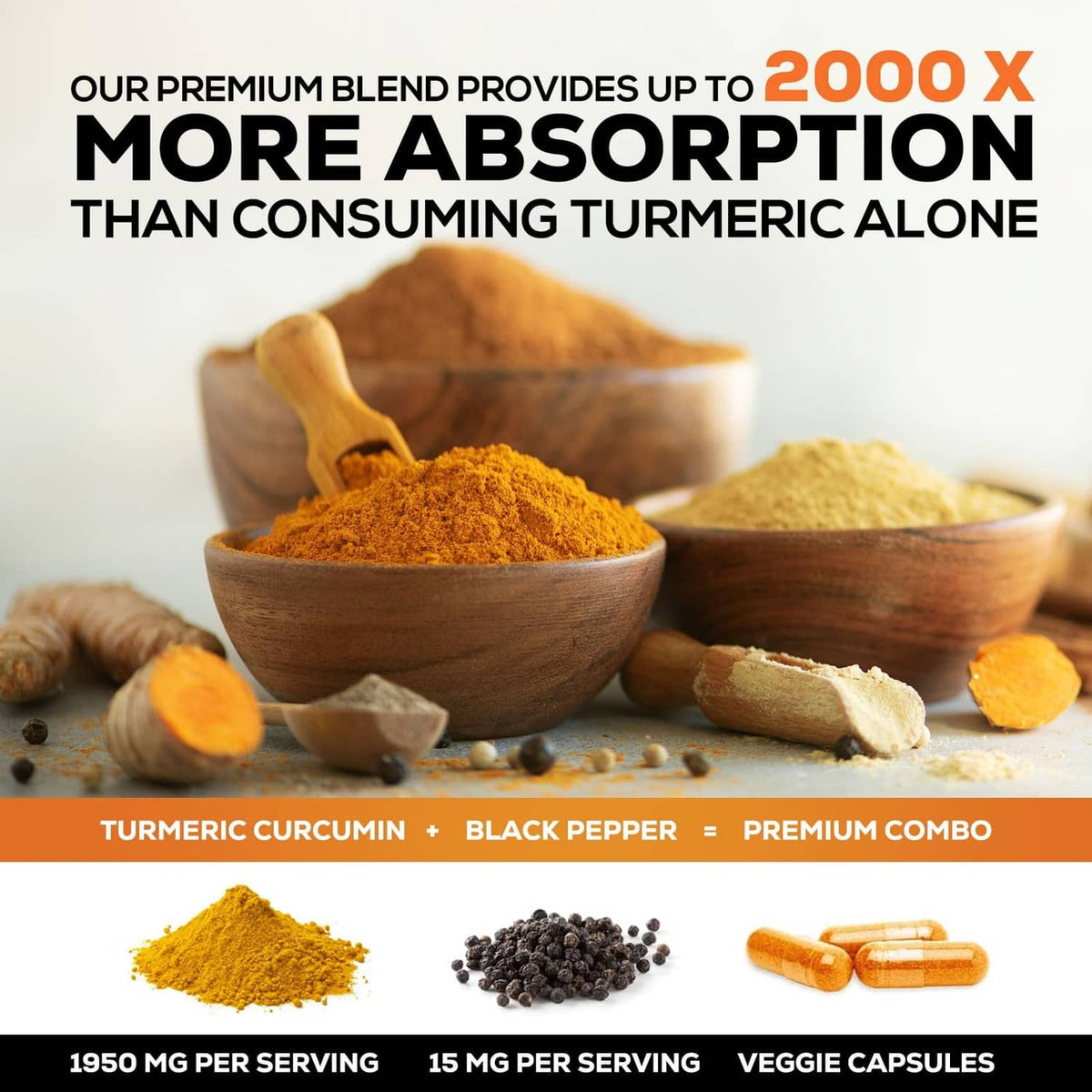 Turmeric curcumin supplement premium blend infographic with turmeric powder and capsules