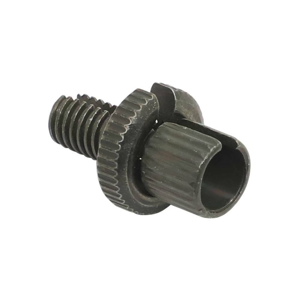 Cable adjuster bolt with ribbed collar and threaded end, dark metal sleeve