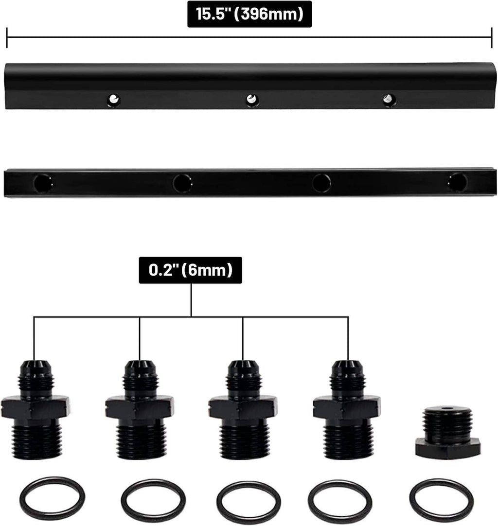 Black fuel rail end fittings with threaded adapters and O-ring seals, with dimension markings