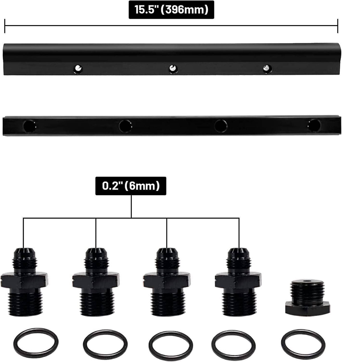 Black fuel rail end fittings with threaded adapters and O-ring seals, with dimension markings