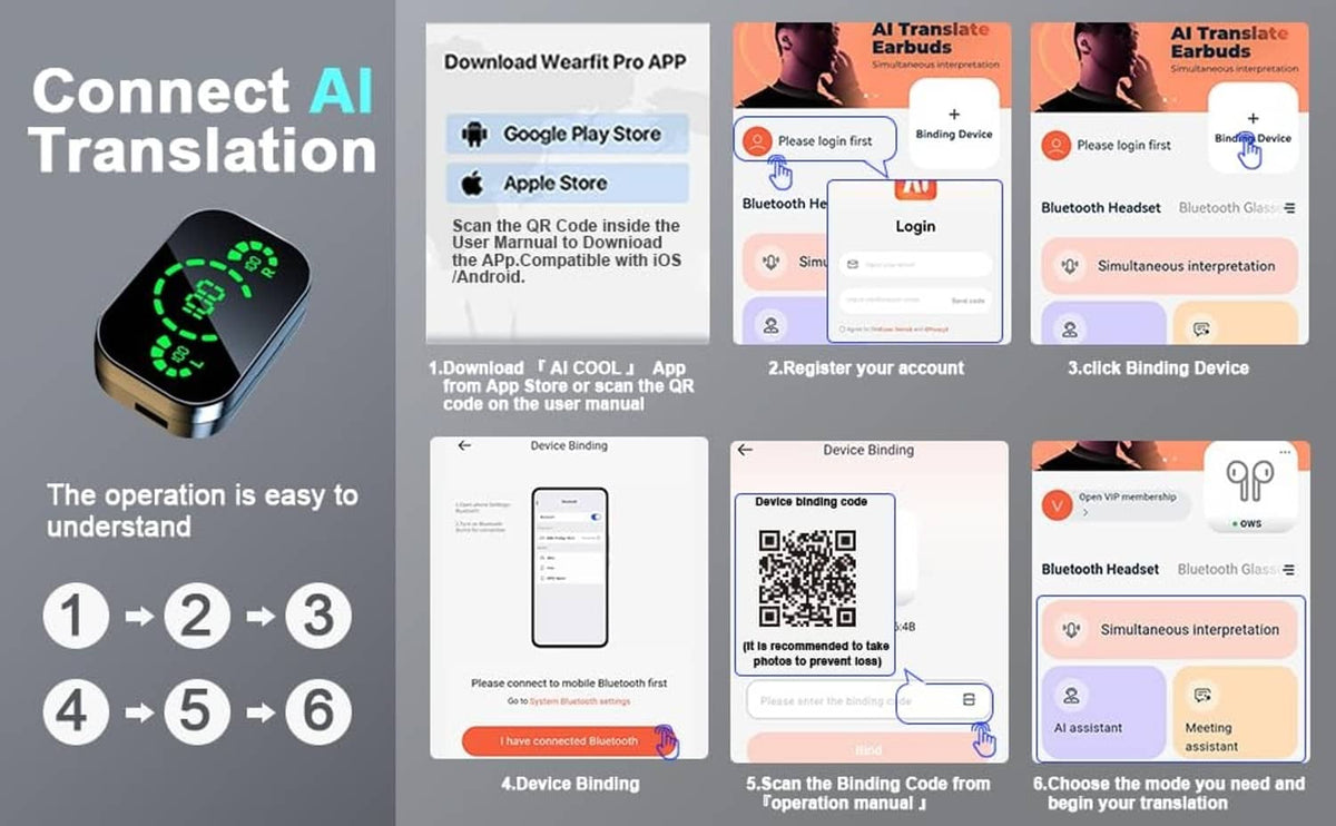 AI translation earbuds setup steps with app login screens and green LED case display