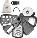 6-piece kitchen gadget set featuring grater, pizza cutter, bottle opener, grinder, and peeler