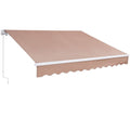 Retractable patio awning with tan fabric, white frame, scalloped valance, and side supports.