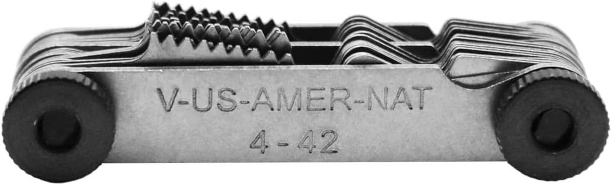 Thread pitch gauge side view with engraved V-US-AMER-NAT and black end caps