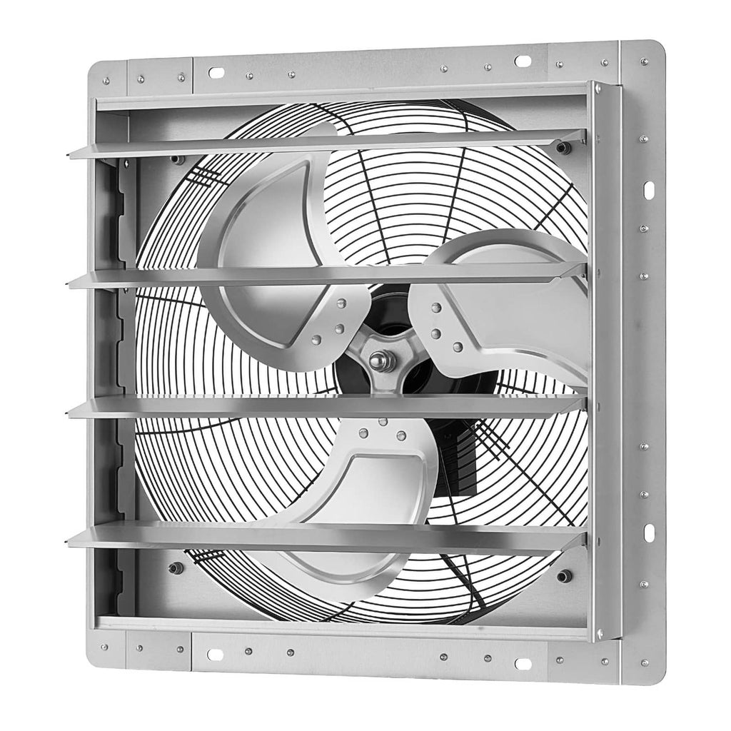 Silver 18-inch wall exhaust fan with protective frame and multi-blade impeller