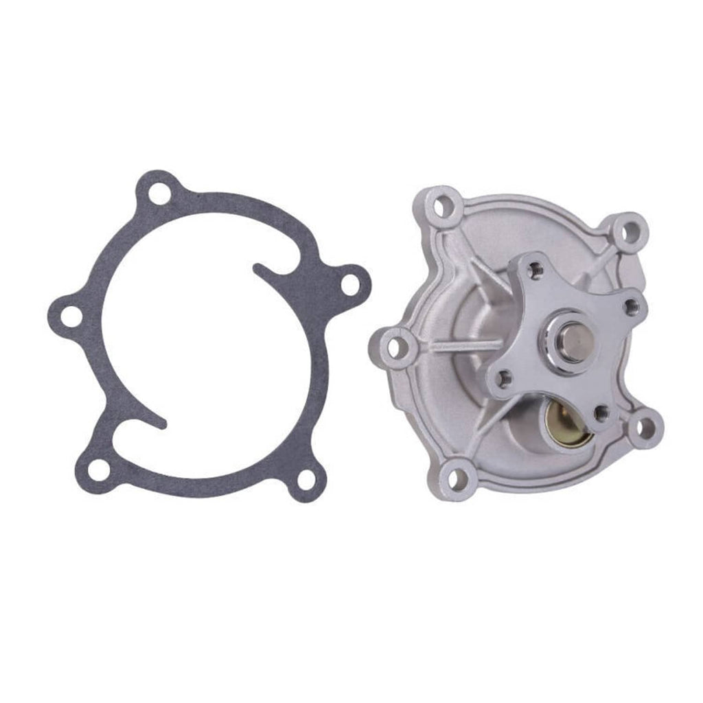 Water pump and gasket, silver pump housing with visible wheel hub and bolt holes