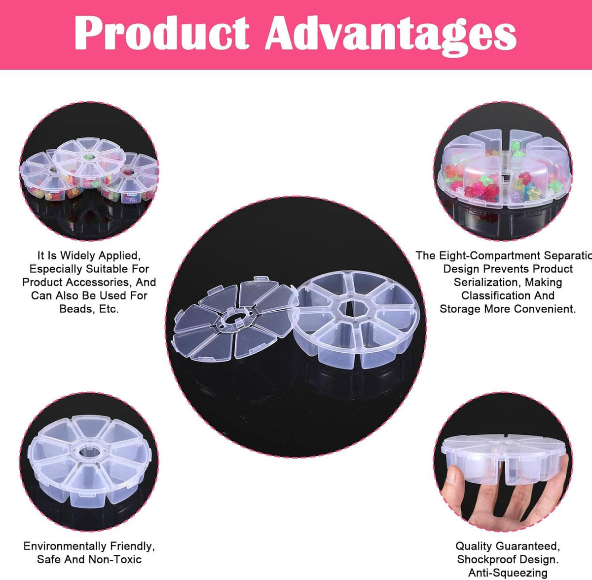 Round clear plastic bead organizer with separated compartments shown in product callouts