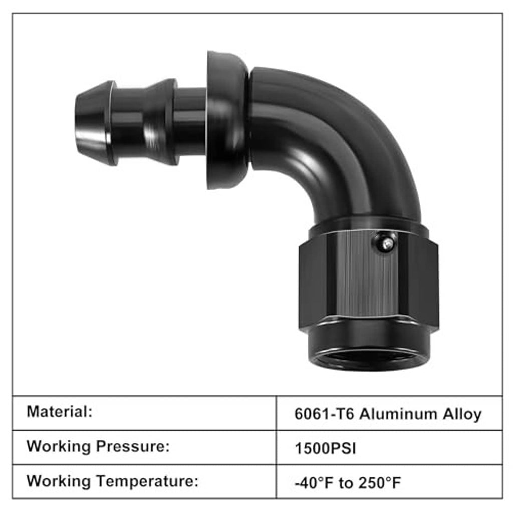 Black 90-degree push-lock AN hose end fitting made for 6AN hose connections