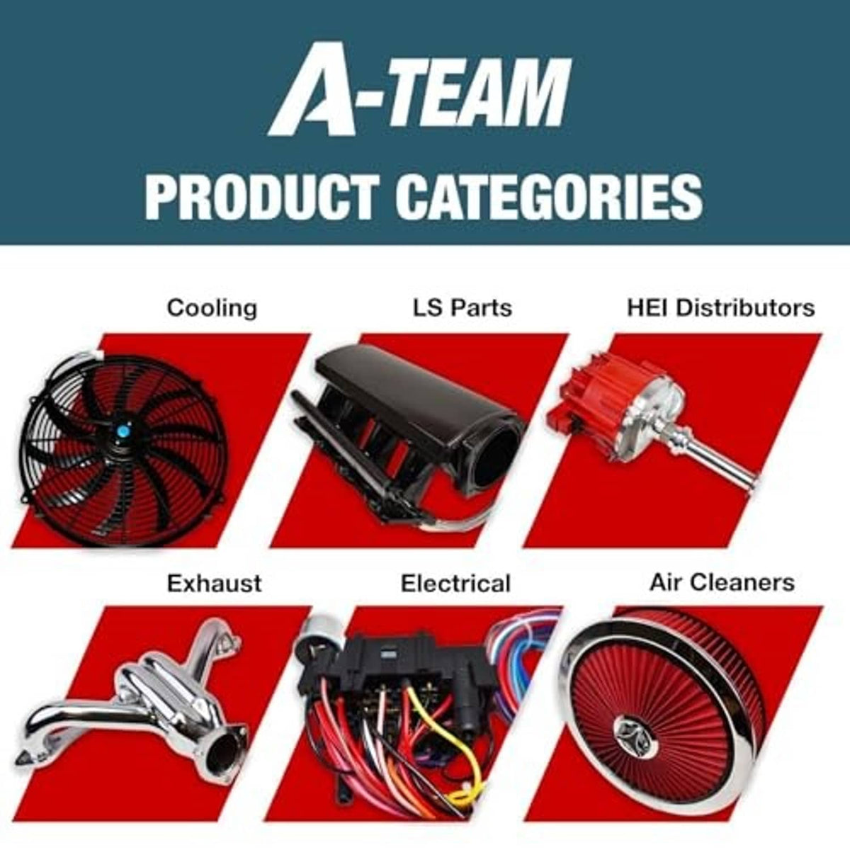 A-TEAM product categories graphic with cooling, electrical, and air cleaner listings