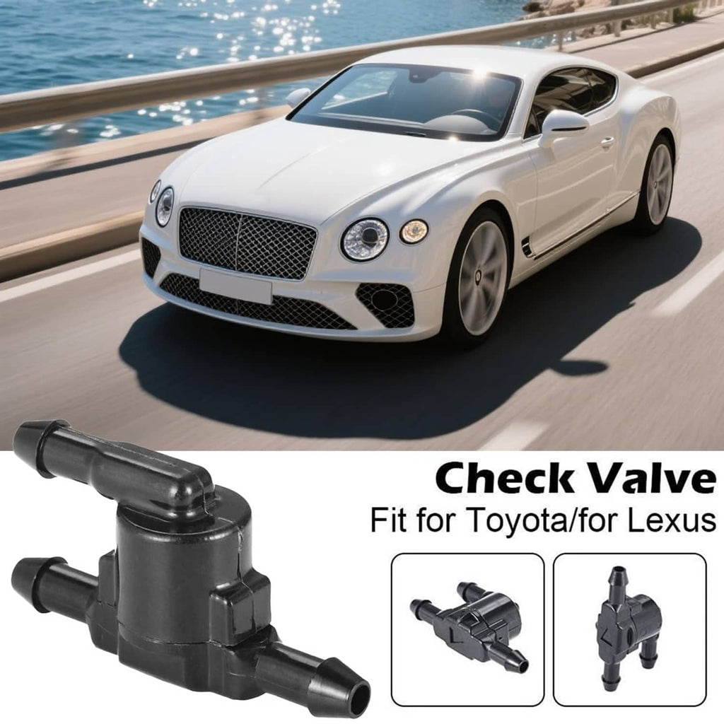 Black windshield washer check valve set with check-valve label and fitment icons