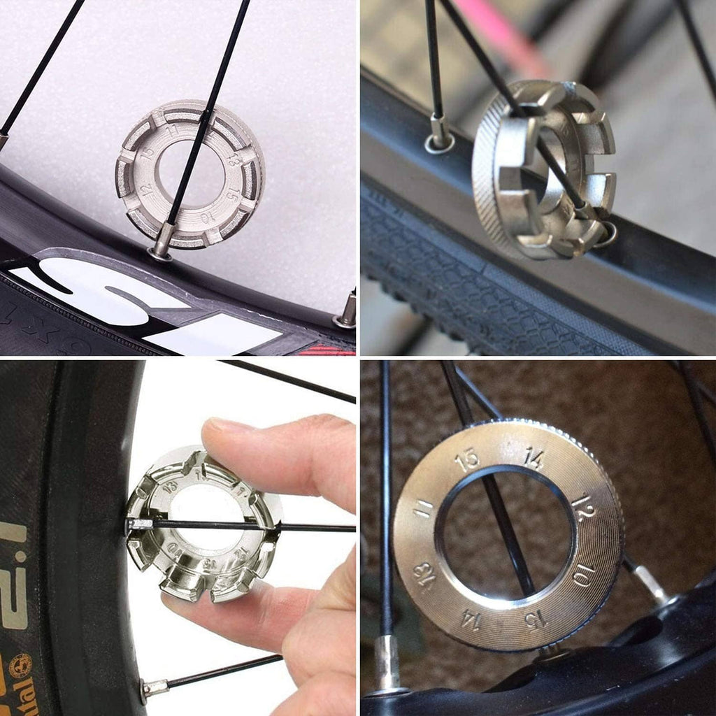 Bike spoke wrench shown from multiple angles, including rim fitting and spoke adjustment