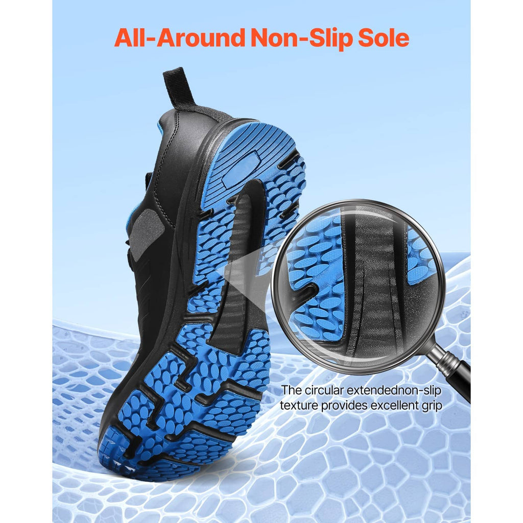Black cross-training shoe with blue outsole tread and side grip texture detail