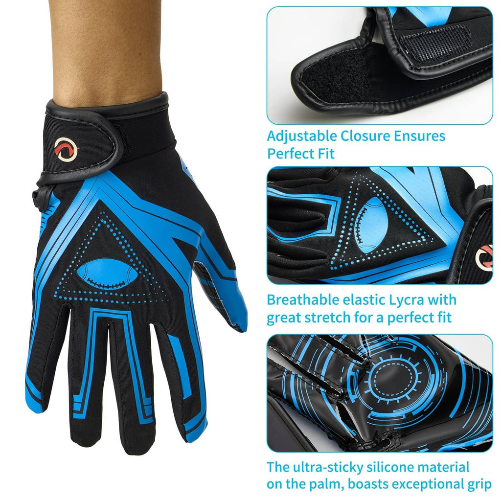 Black and blue youth receiver gloves with adjustable wrist strap and textured palm