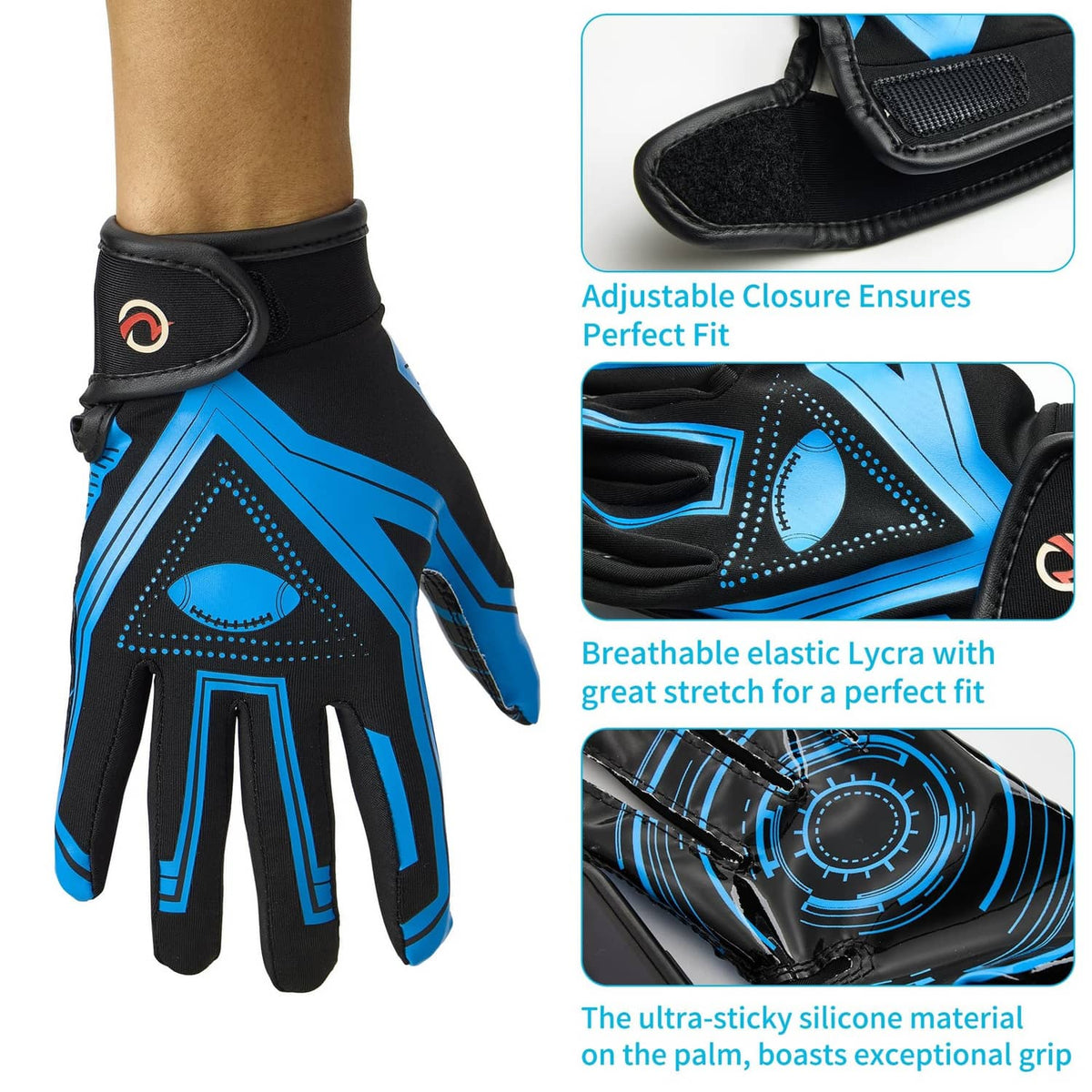 Black and blue youth receiver gloves with adjustable wrist strap and textured palm