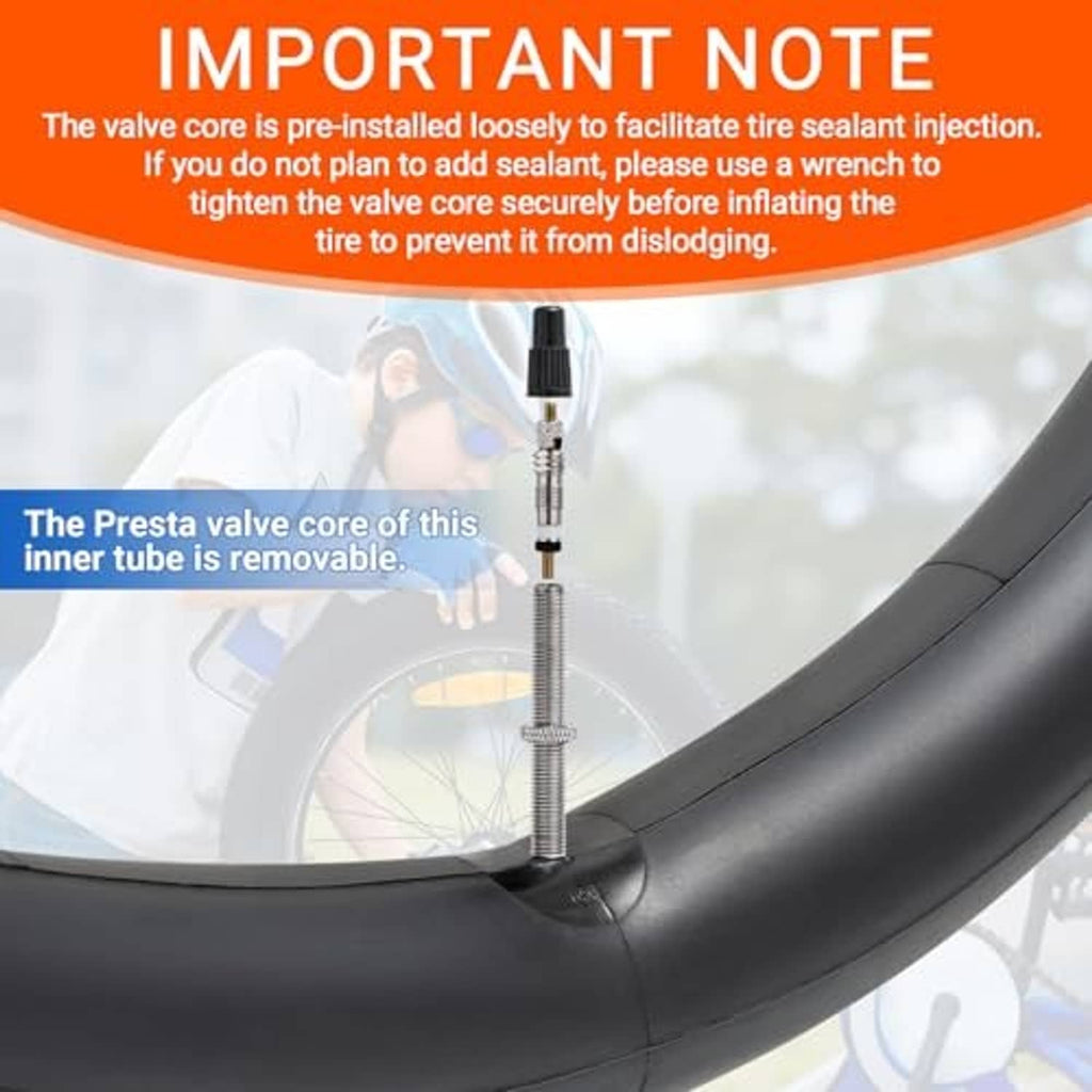 Bike inner tube showing Presta valve with removable valve core for easier sealant use