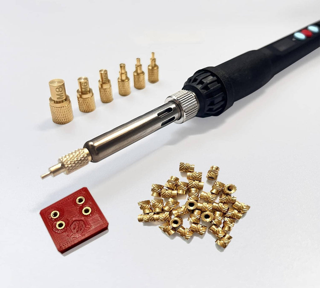 Soldering iron with brass heat set inserts, spare tip, and red tool cover
