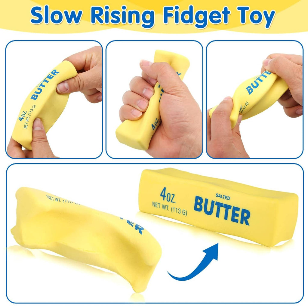 Yellow salted butter squishy fidget toy, slow-rising action shown