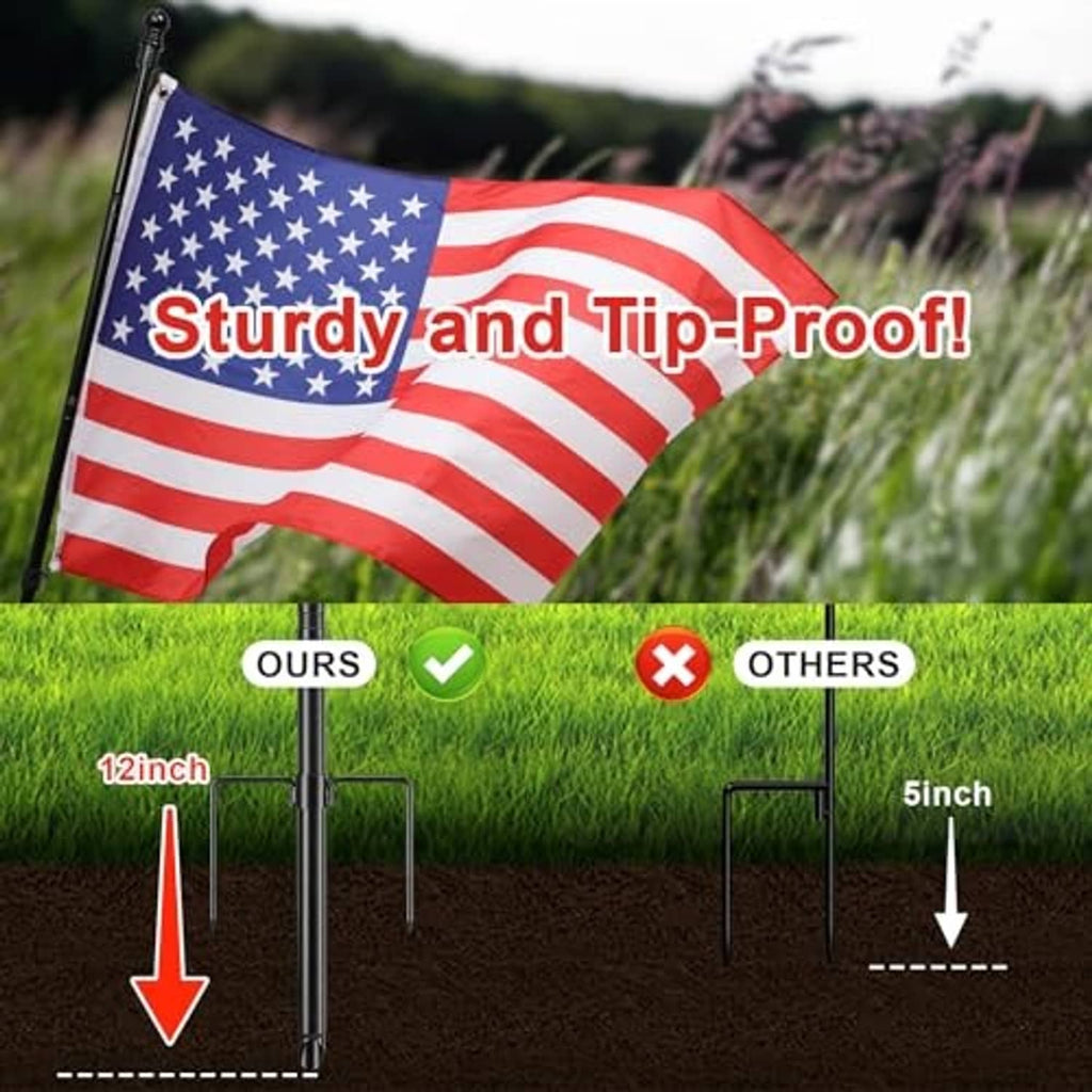 Black U.S. flag pole with ground stakes and tangle-free ring design