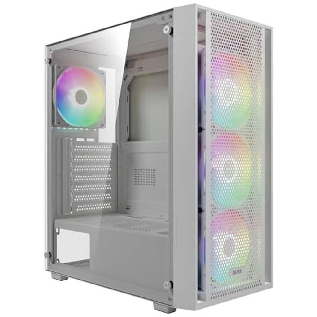 White mid-tower PC case with side tempered glass window and RGB-lit fans