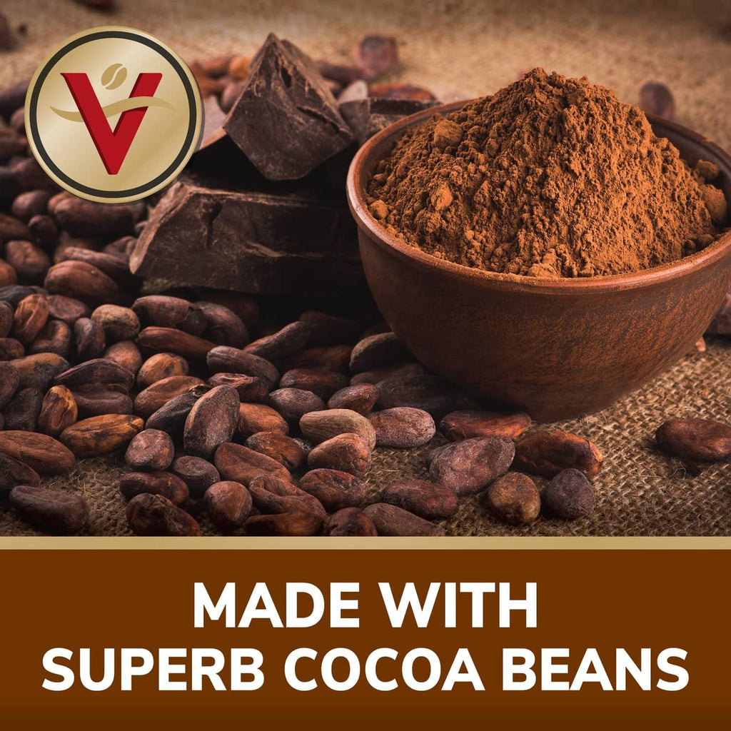 Milk chocolate hot cocoa powder and cocoa beans with Victor Allen's branding
