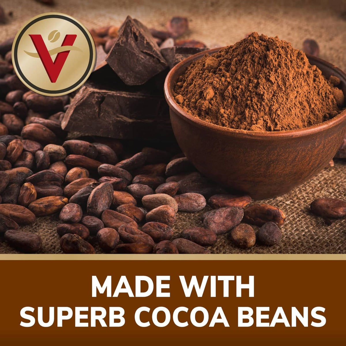 Milk chocolate hot cocoa powder and cocoa beans with Victor Allen's branding